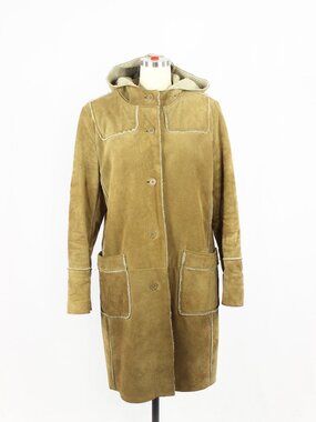 Vintage 00's GAP Tan Genuine Calf Suede Leather Shearling Hooded Coat, Size M